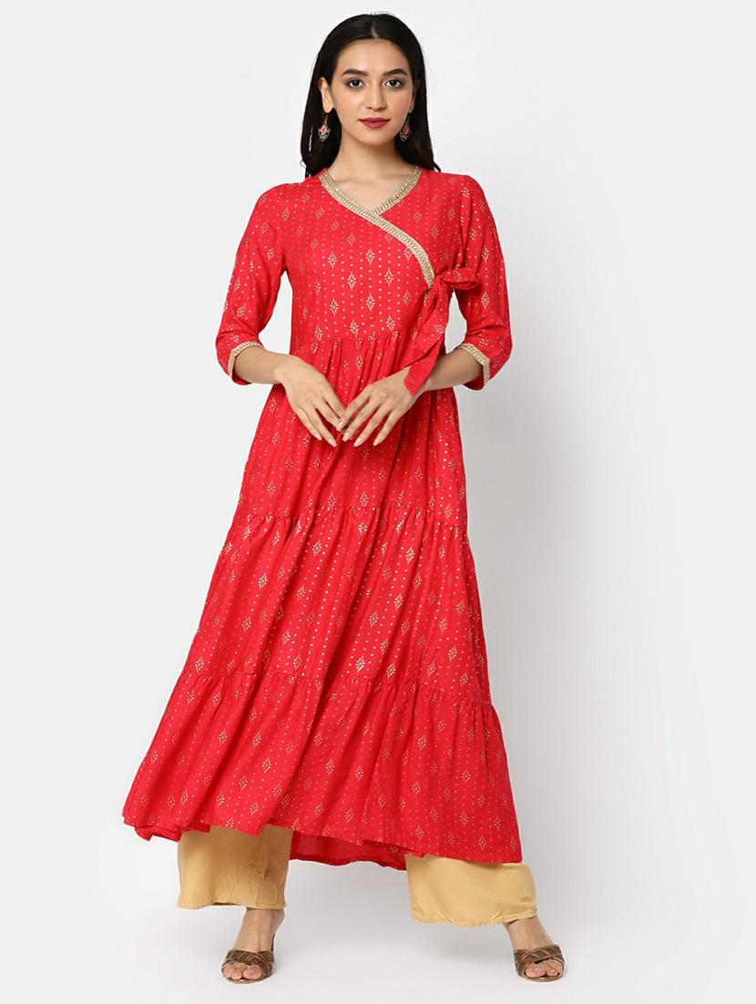 women red printed knot detailed ethnic dress