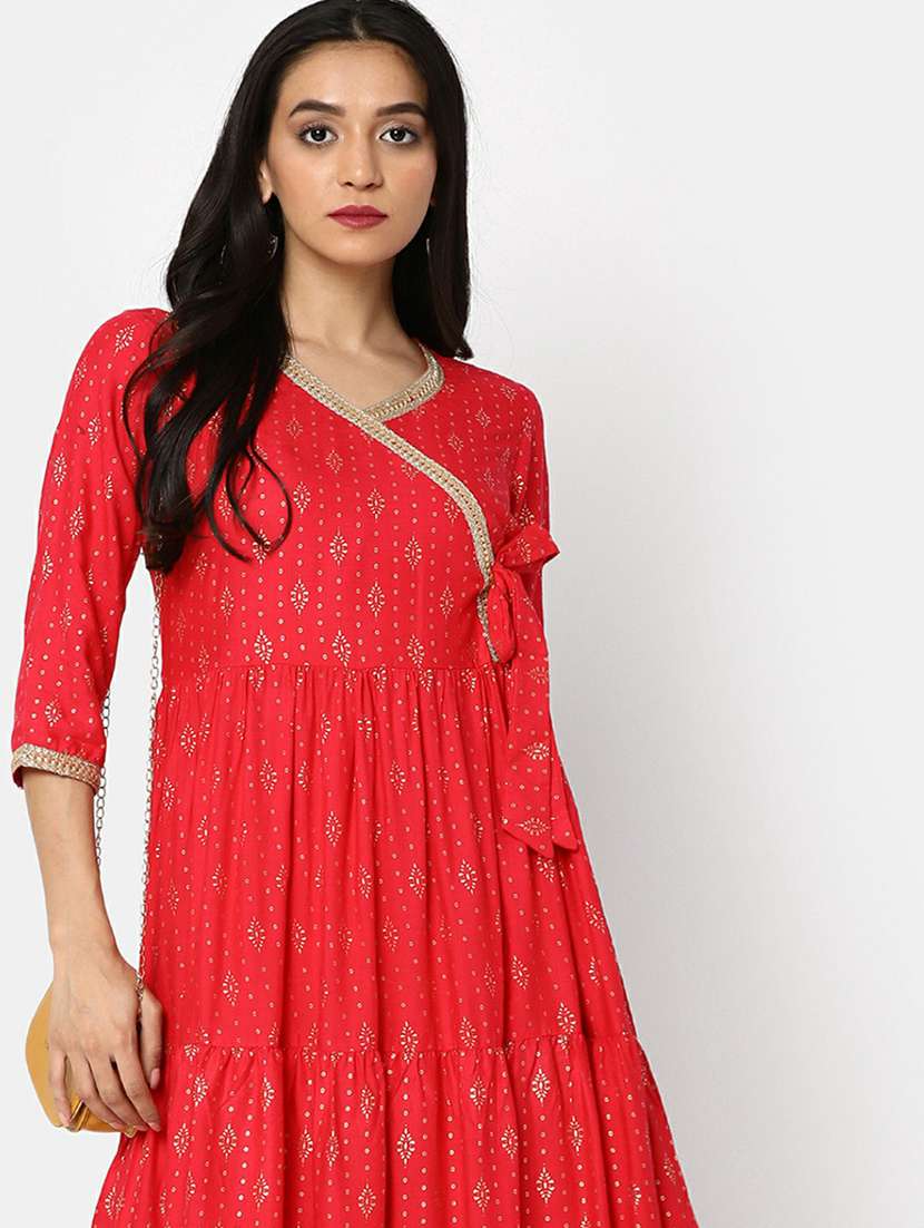 women red printed knot detailed ethnic dress - 20596110 -  Standard Image - 5