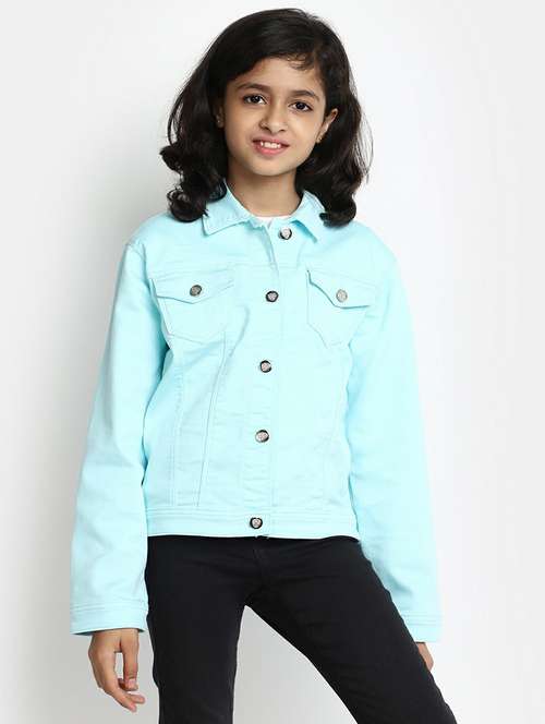 girls blue cotton regular solid jacket - 20596129 - Standard Image - 0