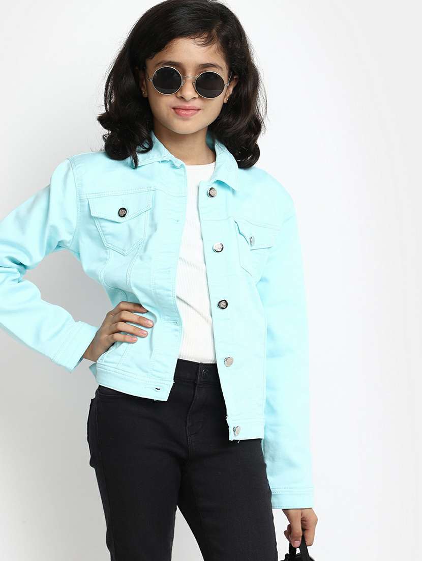 girls blue cotton regular solid jacket - 20596129 - Standard Image - 3