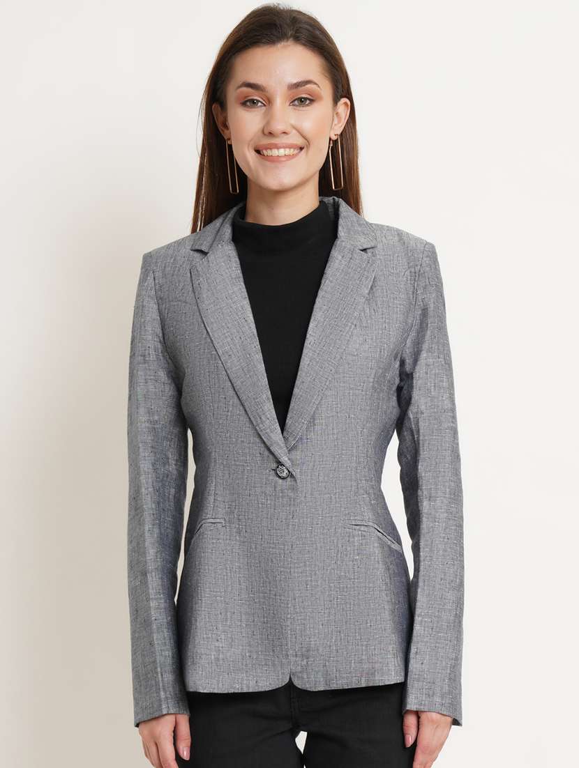 women grey solid formal blazer