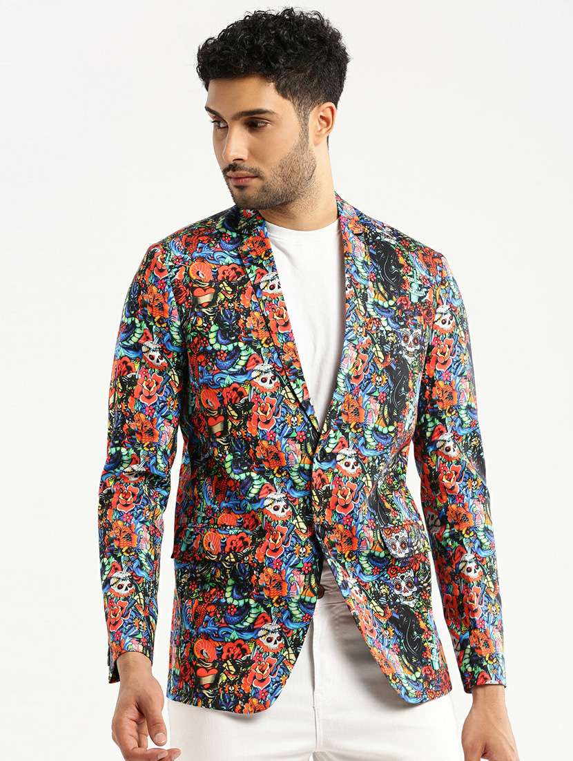 multi colored cotton blend single breasted casual blazer