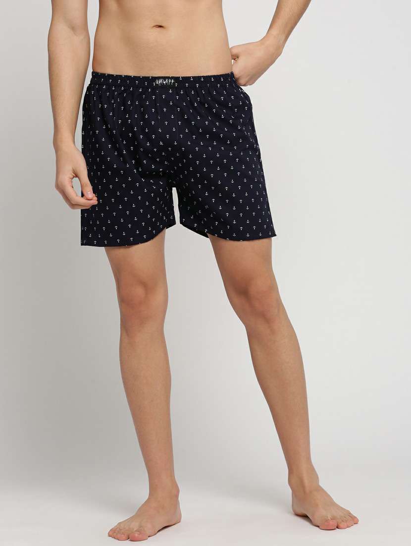 navy blue all over printed cotton blend boxer