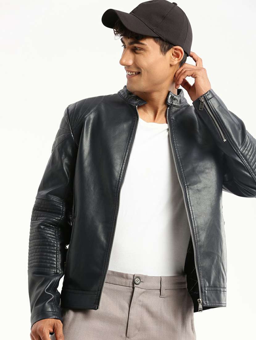 Navy Blue Faux Leather Bomber Jacket - 20598512 -  Standard Image - 3