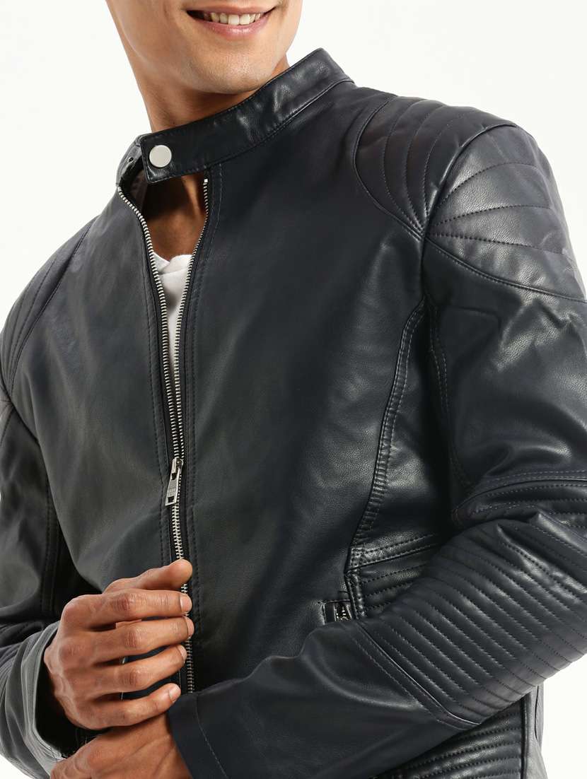 Navy Blue Faux Leather Bomber Jacket - 20598512 -  Standard Image - 5