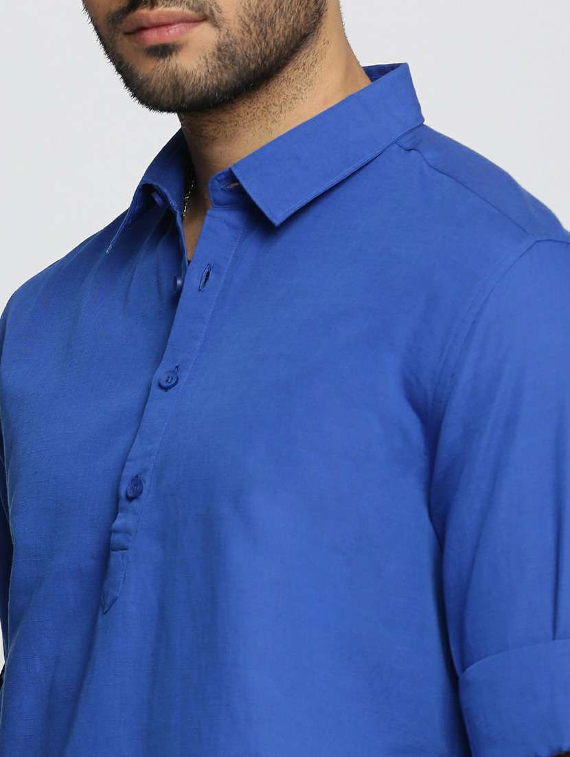 men blue linen short kurtas kurta - 20598547 -  Standard Image - 5