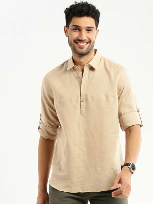 men solid linen short kurta - 20598551 -  Standard Image - 0