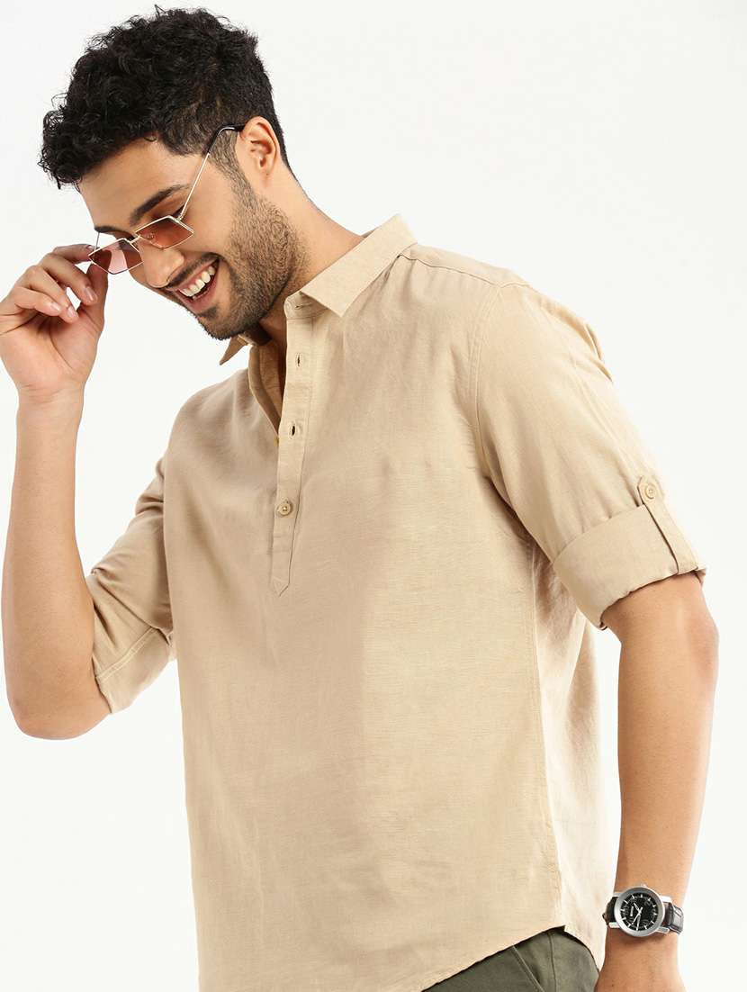 men solid linen short kurta - 20598551 -  Standard Image - 3