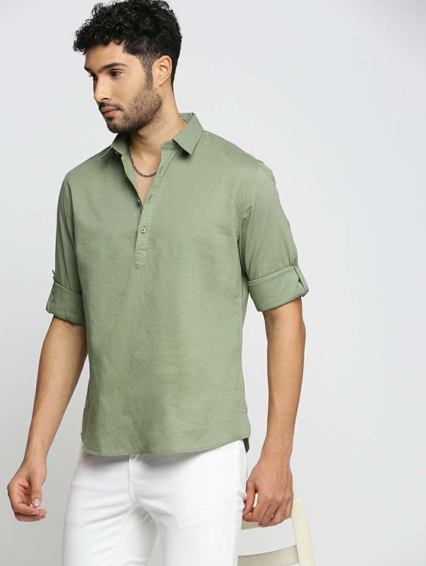 men solid linen short kurta - 20598553 -  Standard Image - 3