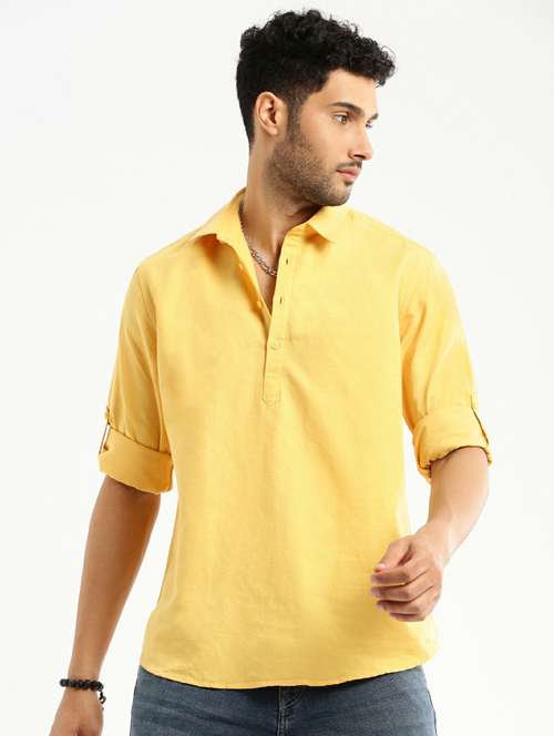 men solid linen short kurta - 20598556 -  Standard Image - 0
