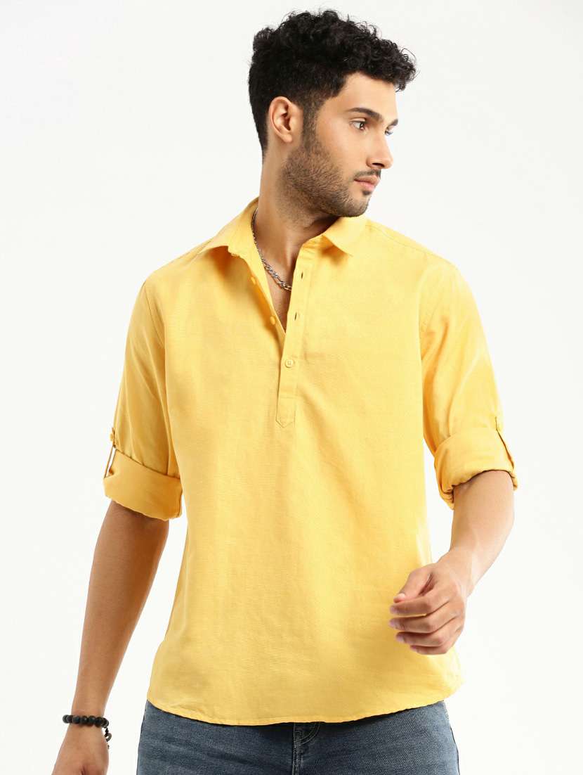 men solid linen short kurta