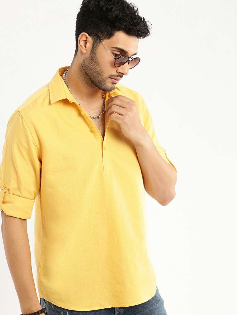 men solid linen short kurta - 20598556 -  Standard Image - 3