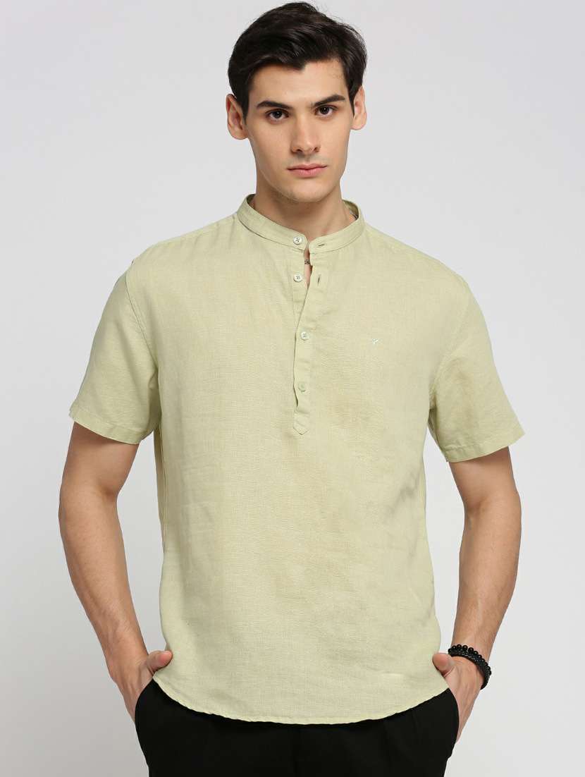 men solid linen short kurta
