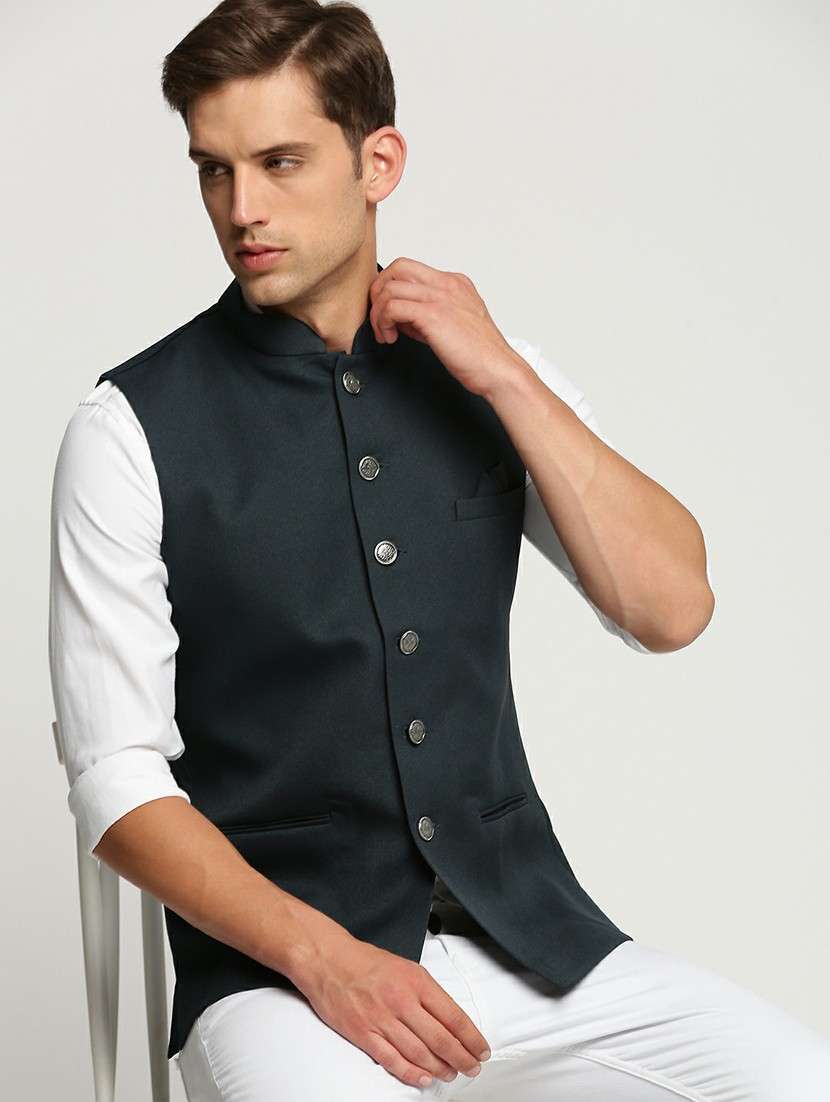 men's slim fit mandarin collar solid nehru jacket - 20598570 -  Standard Image - 3