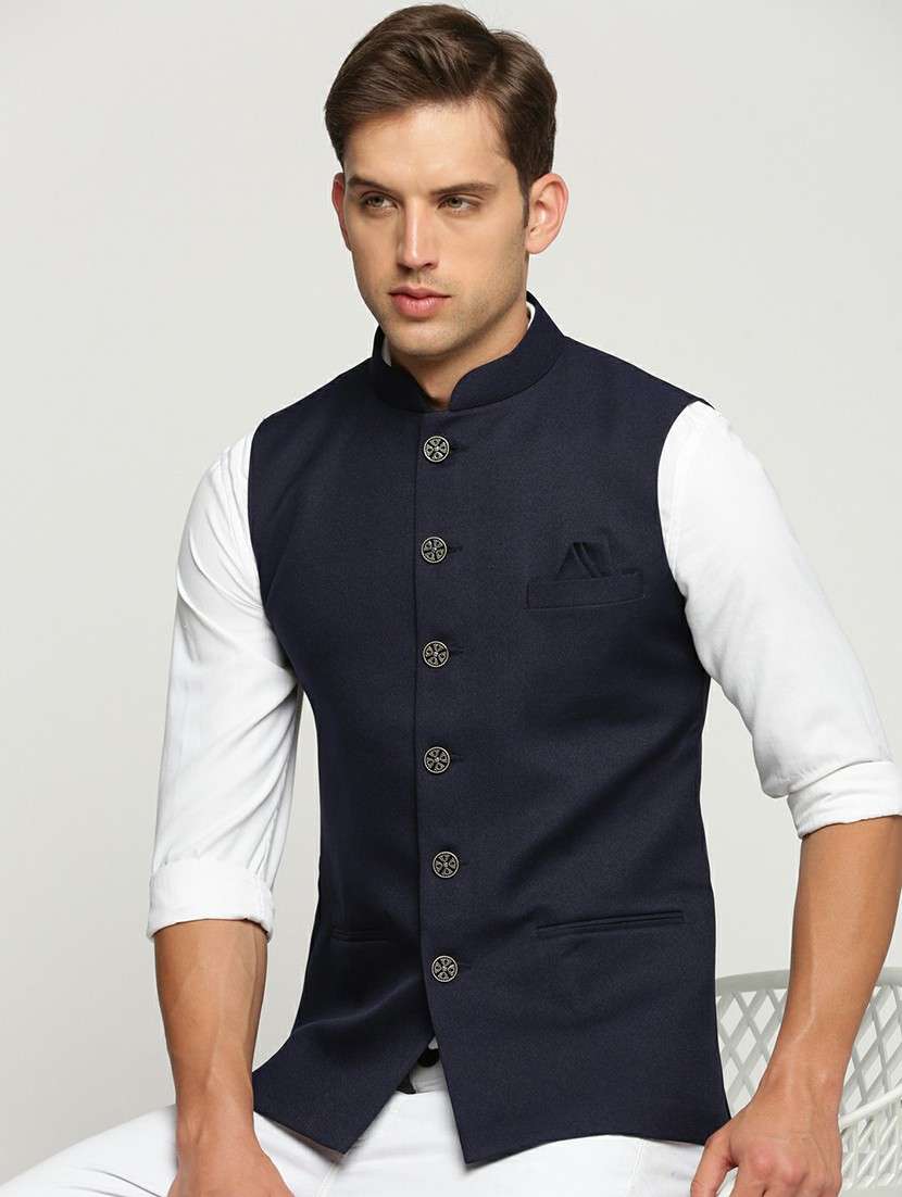 men's slim fit mandarin collar solid nehru jacket - 20598574 -  Standard Image - 3