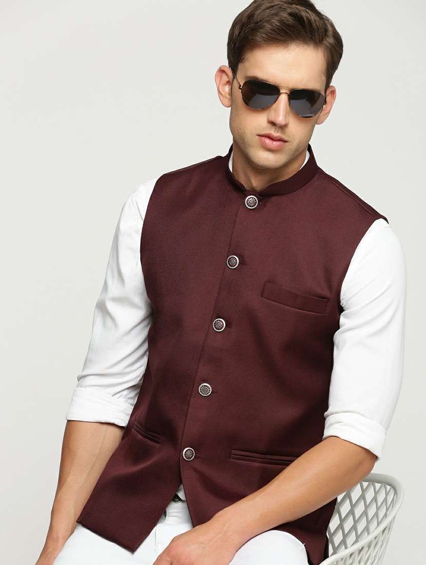 men's slim fit mandarin collar solid nehru jacket - 20598575 -  Standard Image - 3