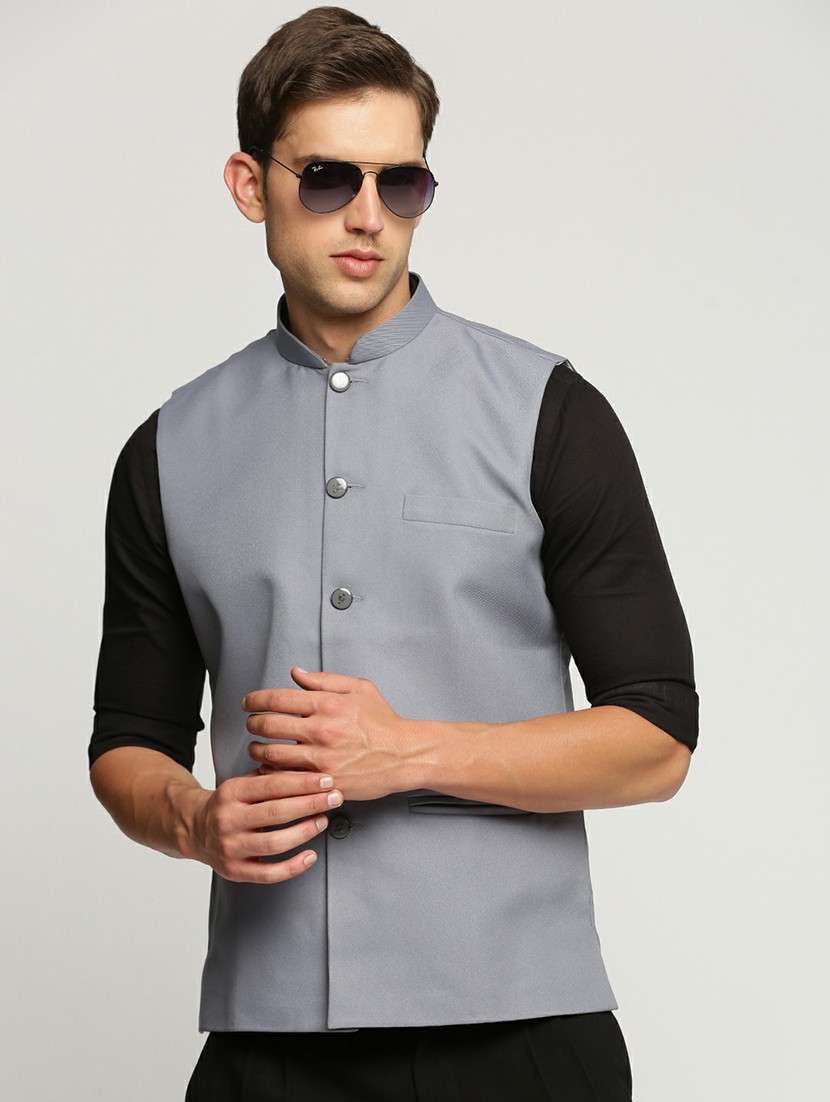 men's slim fit mandarin collar solid nehru jacket - 20598580 -  Standard Image - 3