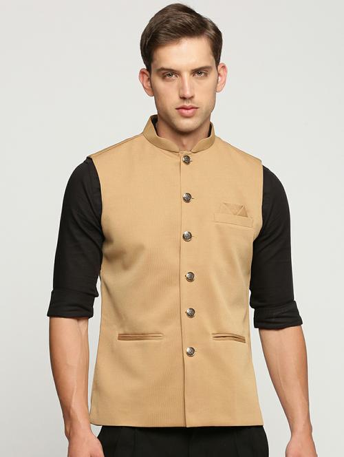 men's slim fit mandarin collar solid nehru jacket - 20598582 - Standard Image - 0