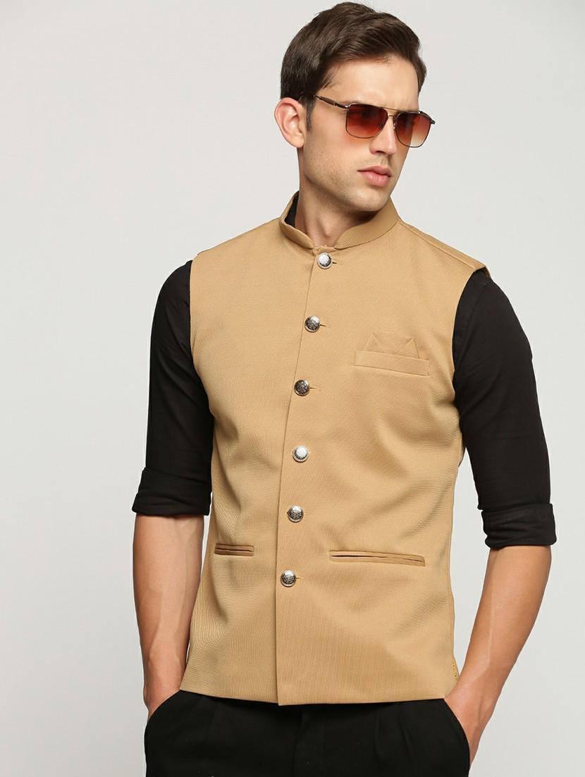 men's slim fit mandarin collar solid nehru jacket - 20598582 - Standard Image - 3