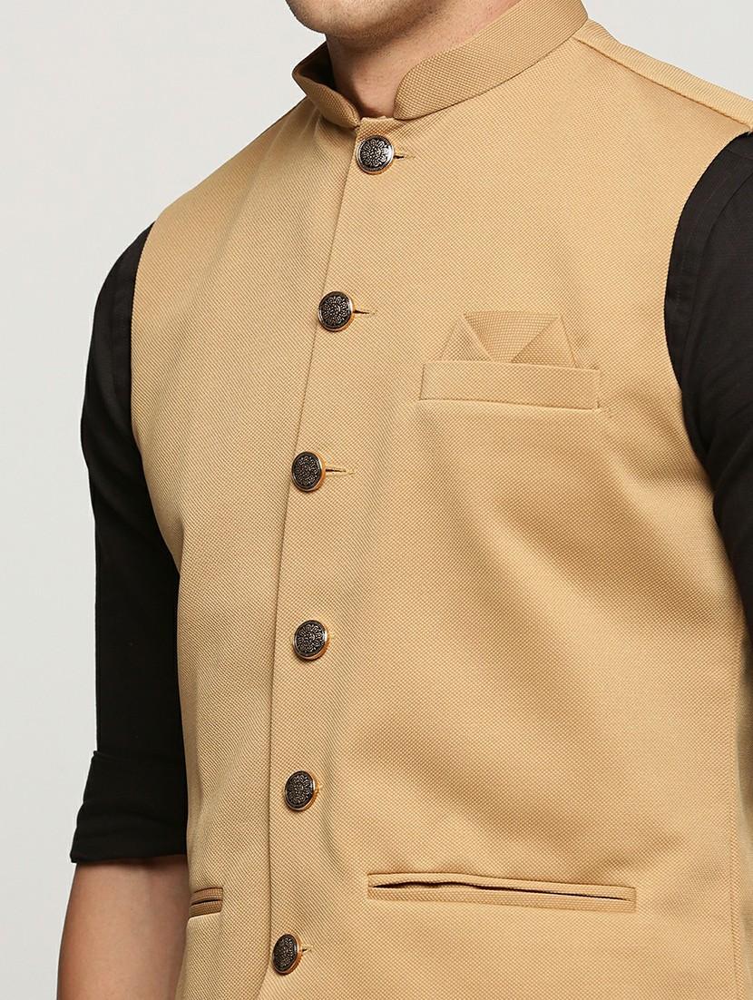 men's slim fit mandarin collar solid nehru jacket - 20598582 - Standard Image - 5