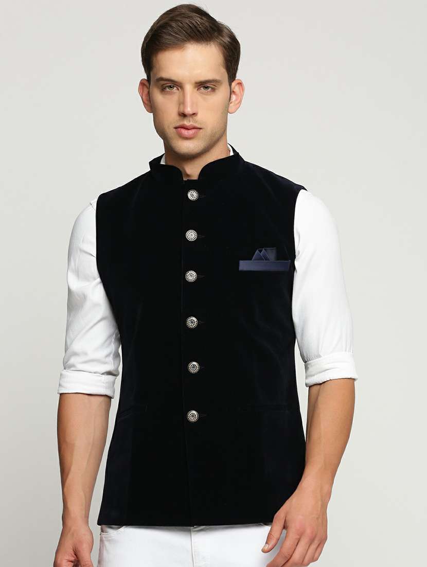 men's slim fit mandarin collar solid nehru jacket - 20598583 - Zoom Image - 0