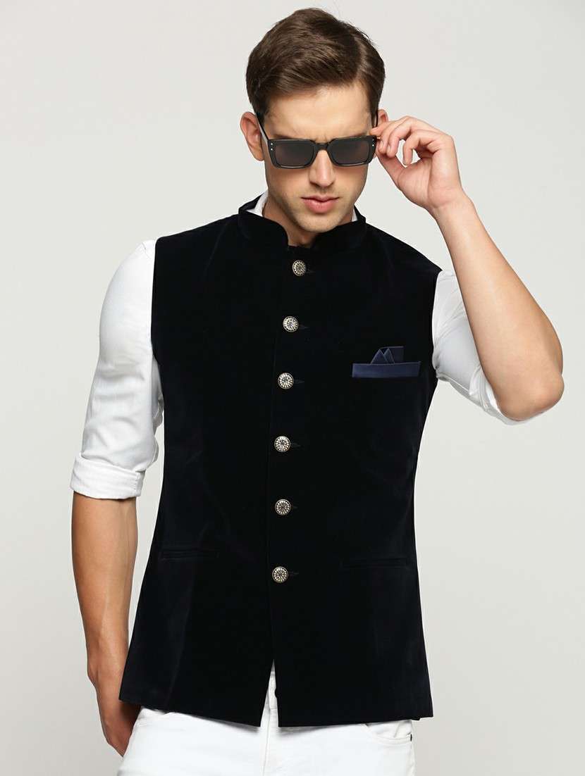 men's slim fit mandarin collar solid nehru jacket - 20598583 - Standard Image - 3