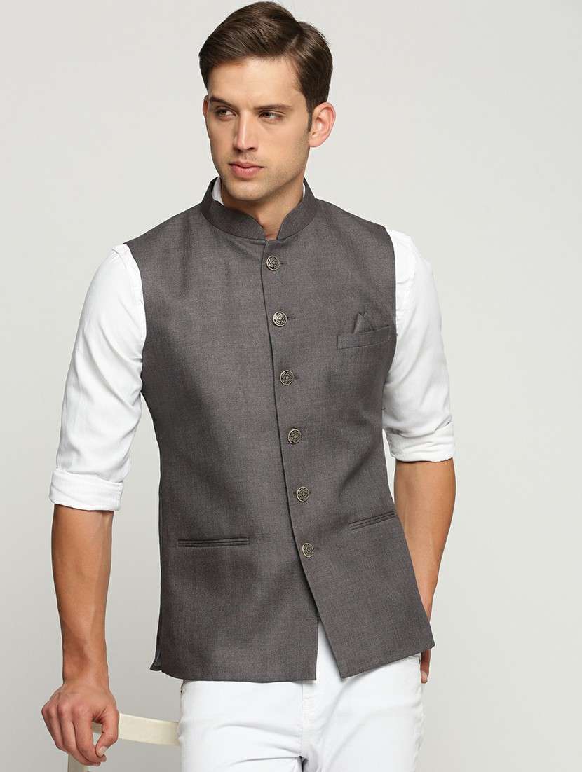 men's slim fit mandarin collar solid nehru jacket - 20598585 -  Standard Image - 3