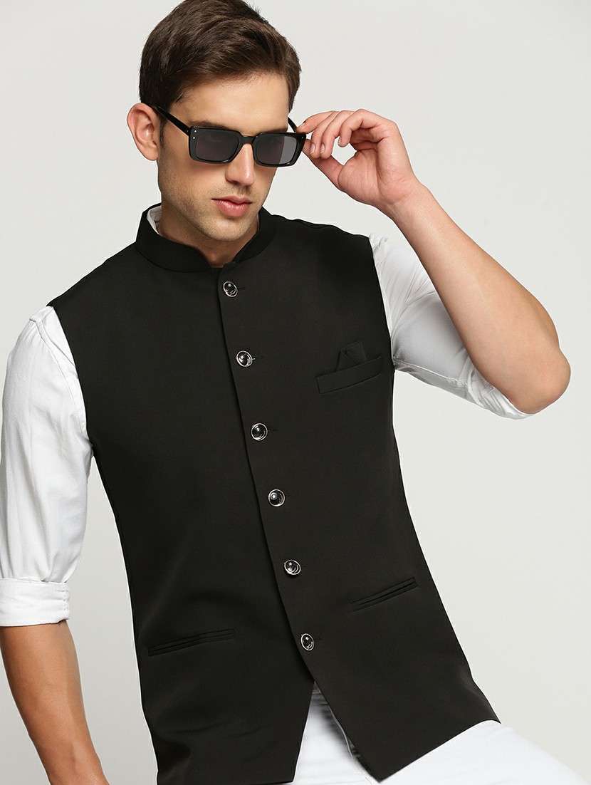 men's slim fit mandarin collar solid nehru jacket - 20598587 -  Standard Image - 3