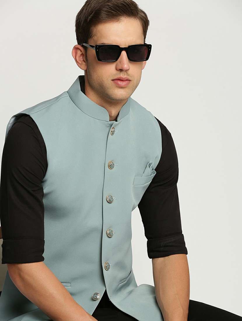 men's slim fit mandarin collar solid nehru jacket - 20598588 - Standard Image - 3