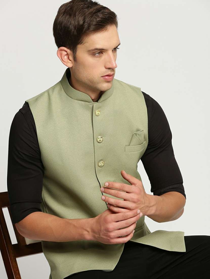 men's slim fit mandarin collar solid nehru jacket - 20598593 -  Standard Image - 3