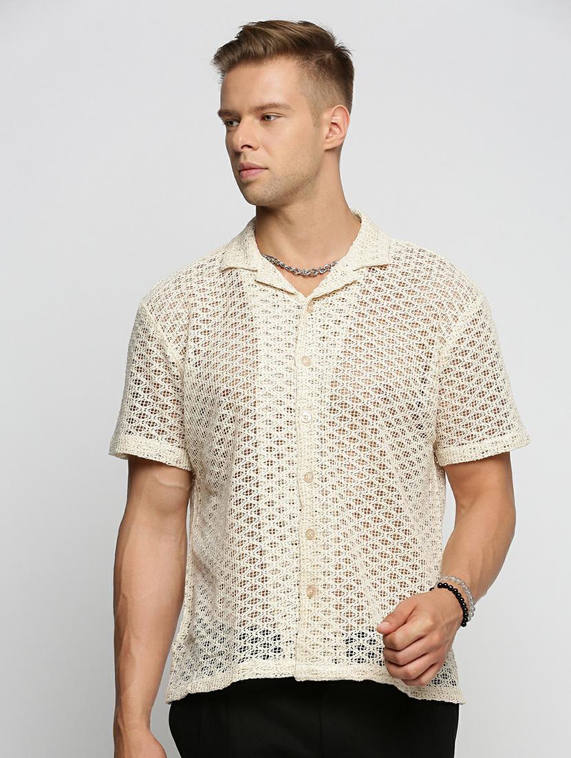 cream cotton blend casual shirt - 20598598 -  Zoom Image - 0