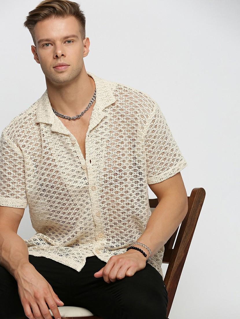 cream cotton blend casual shirt - 20598598 - Standard Image - 3