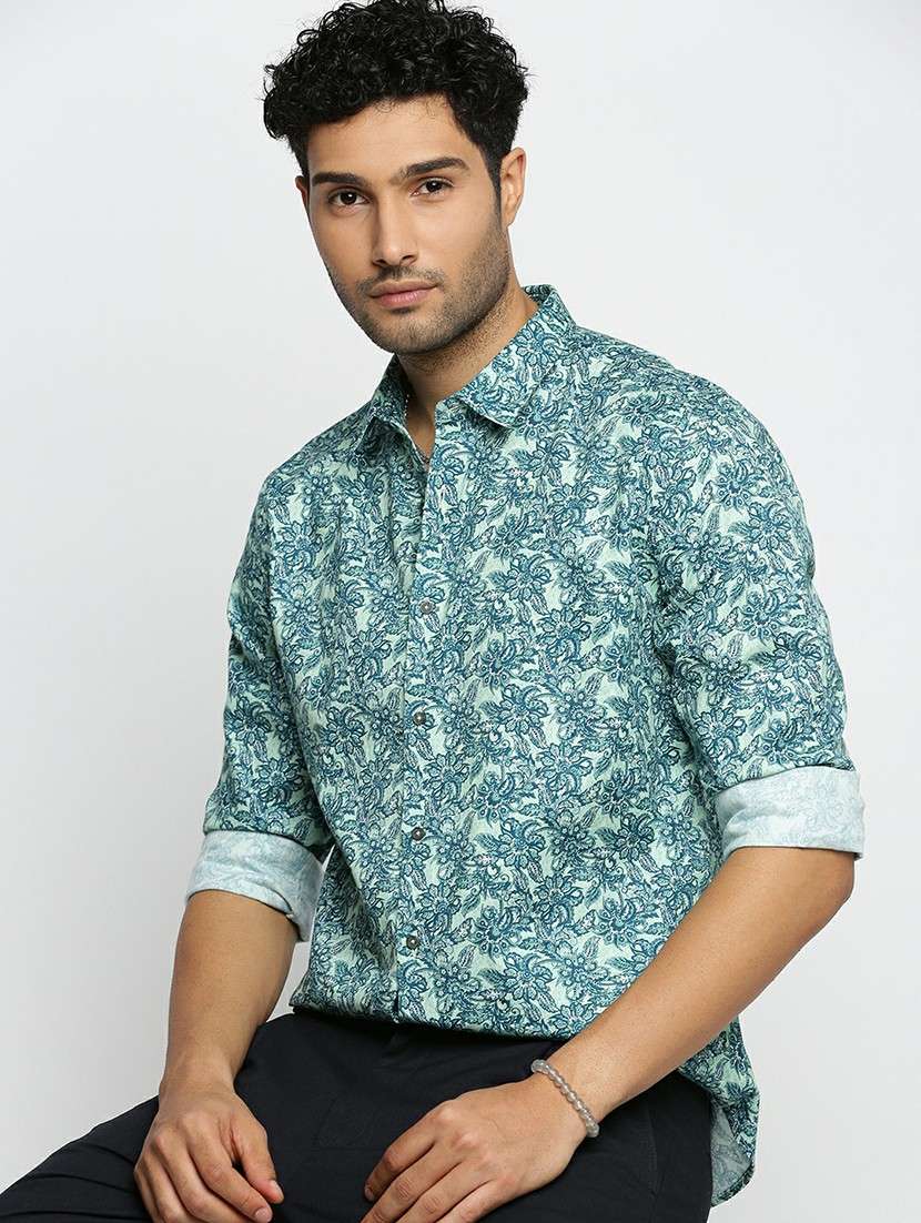 sea green cotton blend casual shirt - 20598667 - Standard Image - 3