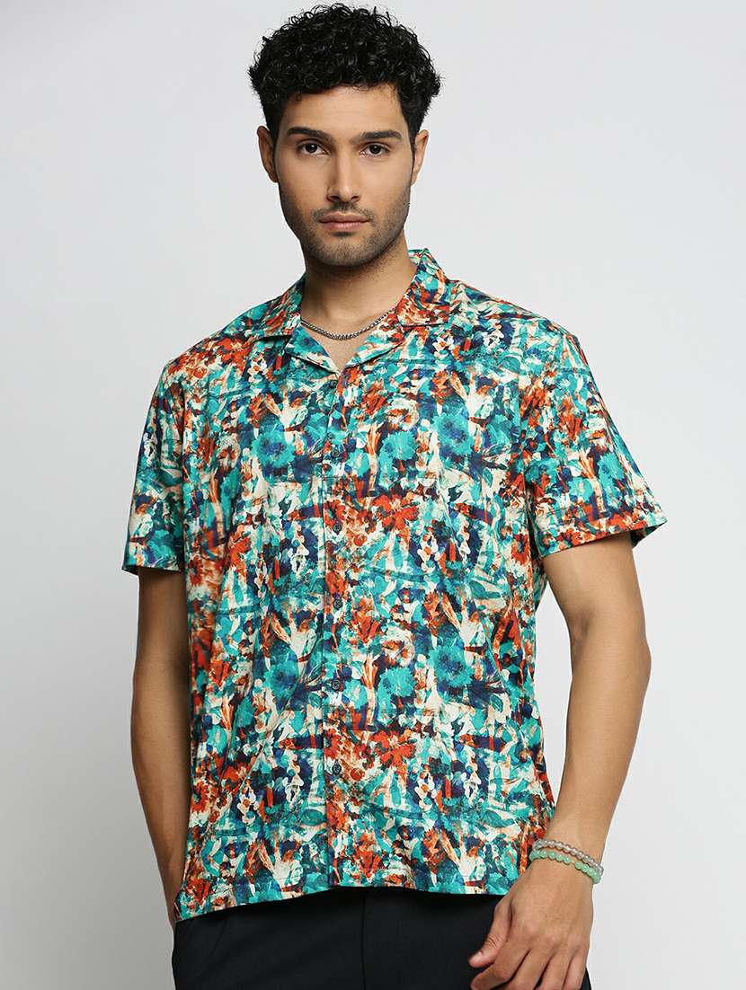 blue cotton blend casual shirt