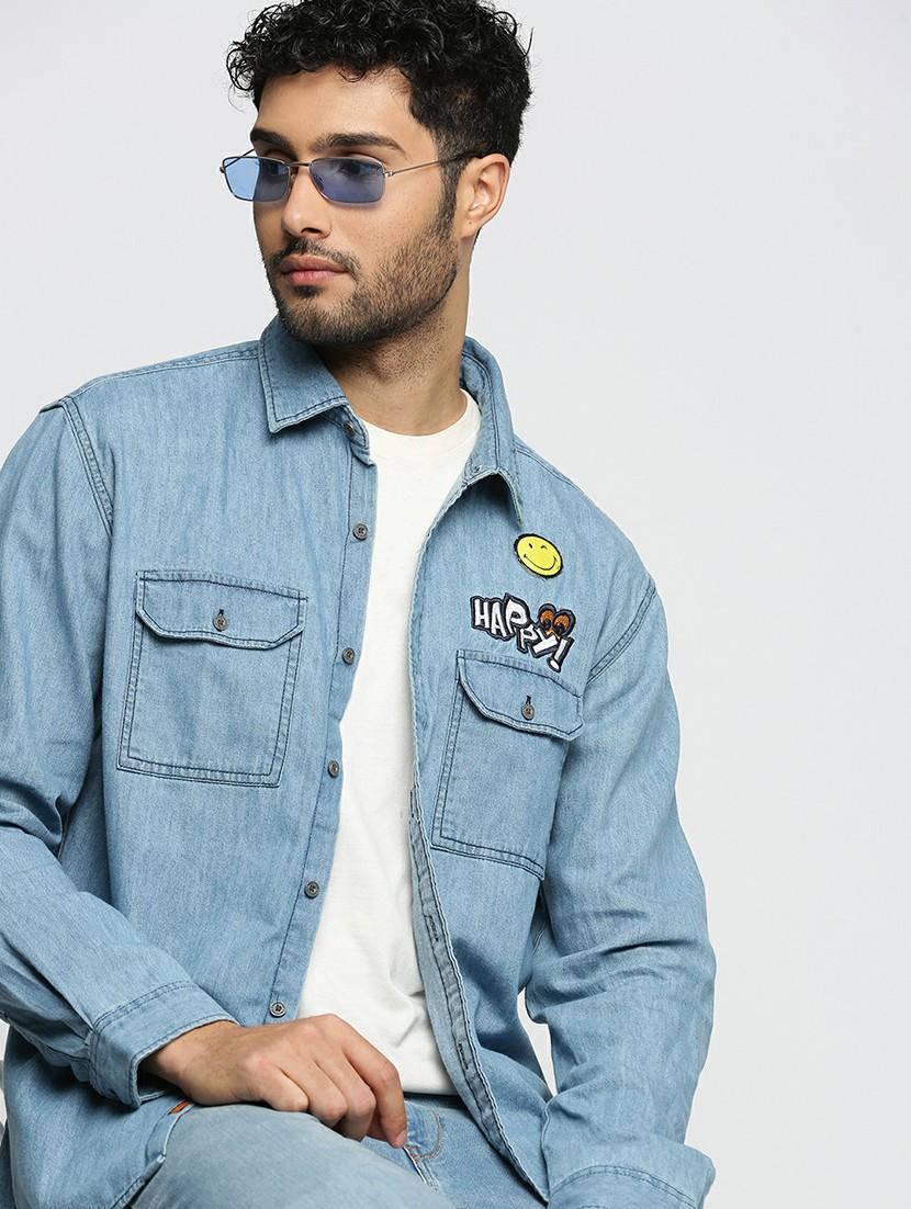 blue cotton blend casual shirt - 20598716 - Standard Image - 3