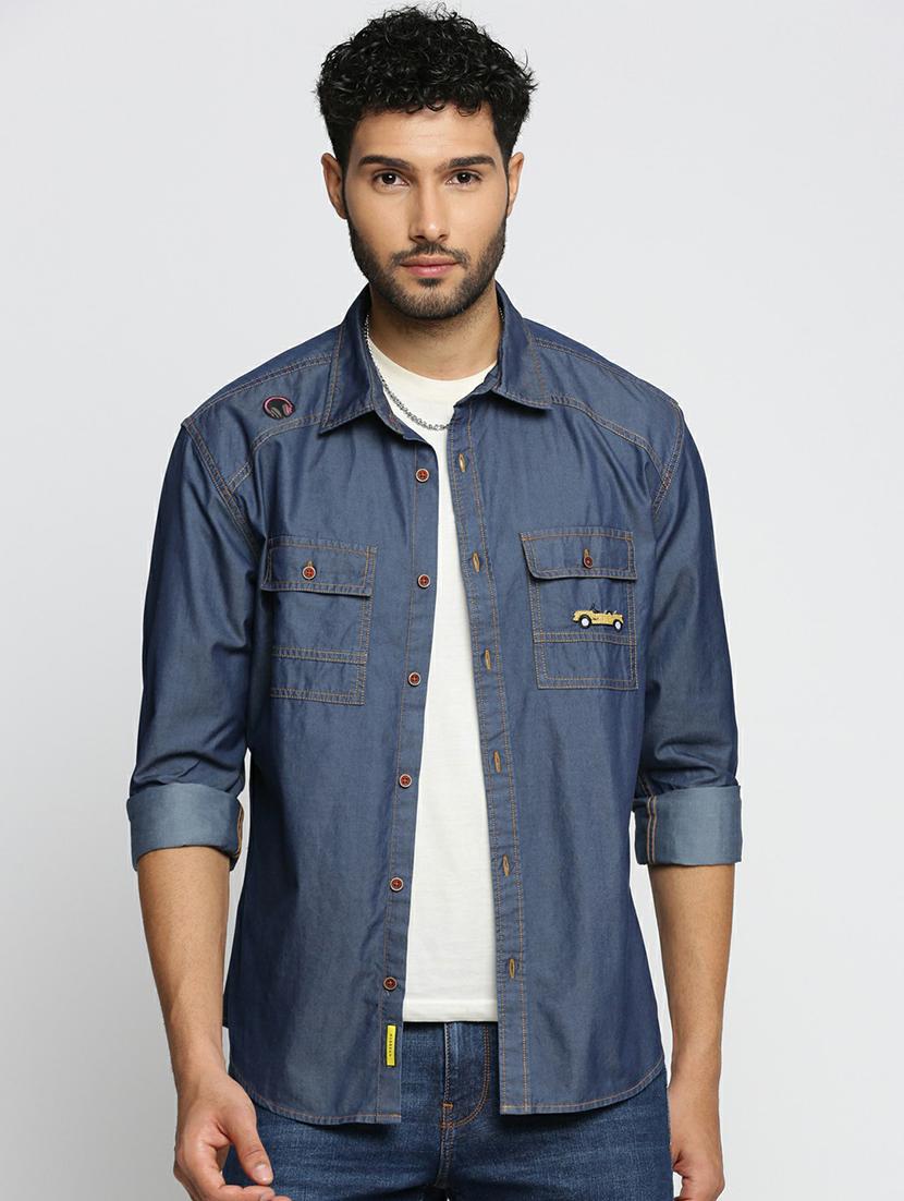 navy blue cotton blend casual shirt