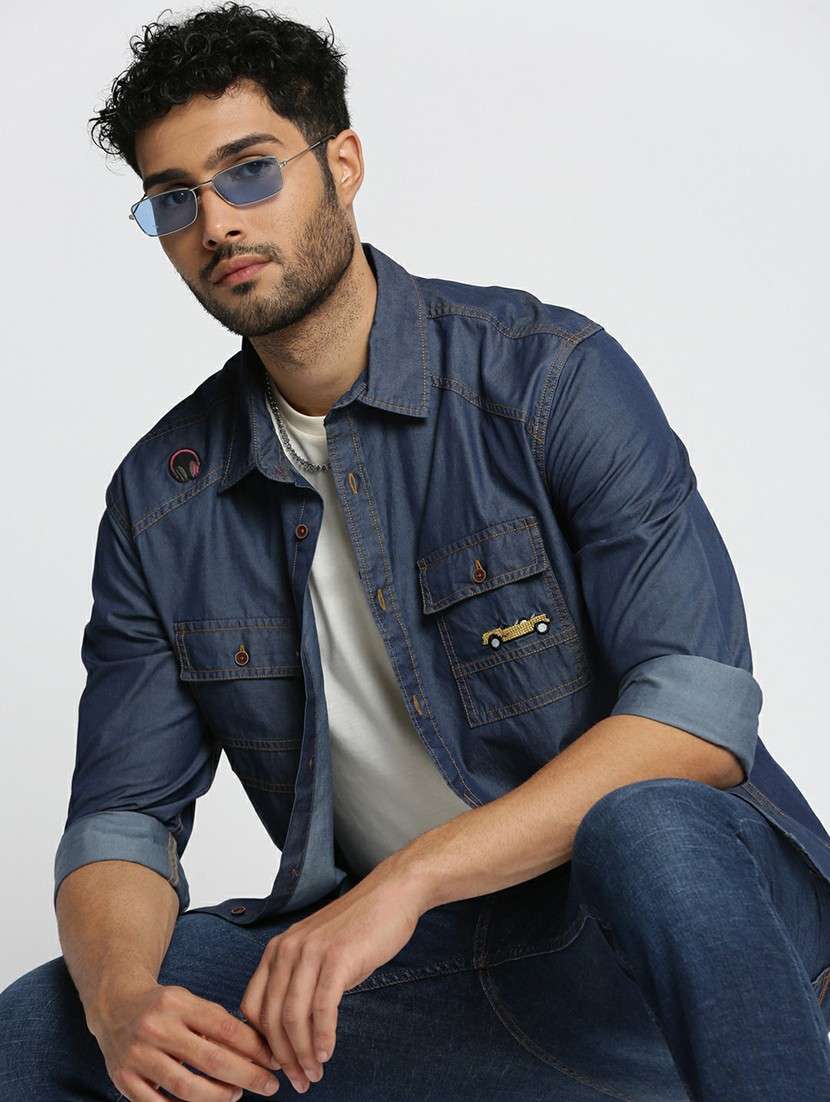navy blue cotton blend casual shirt - 20598721 - Standard Image - 3