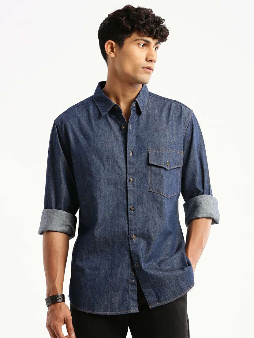 navy blue cotton blend casual shirt - 20598724 -  Zoom Image - 0