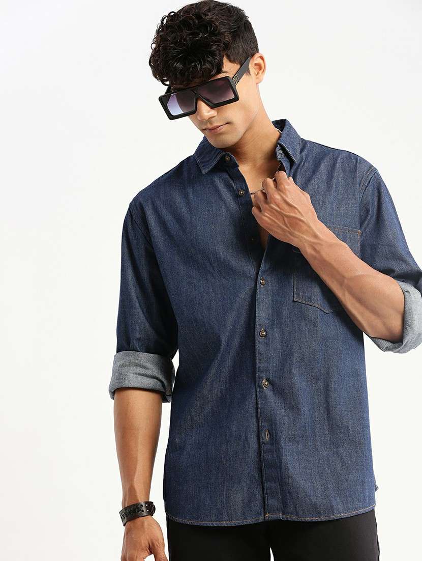 navy blue cotton blend casual shirt - 20598724 - Standard Image - 3