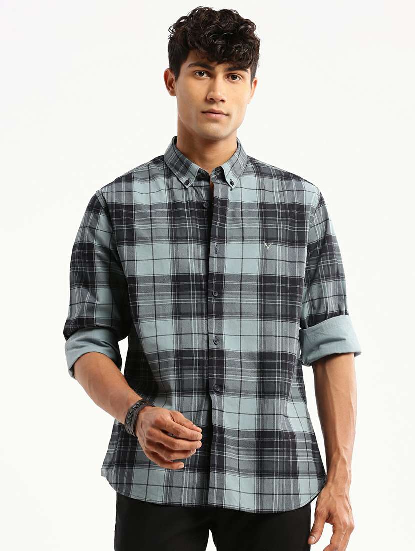 sea green cotton blend casual shirt - 20598731 -  Zoom Image - 0