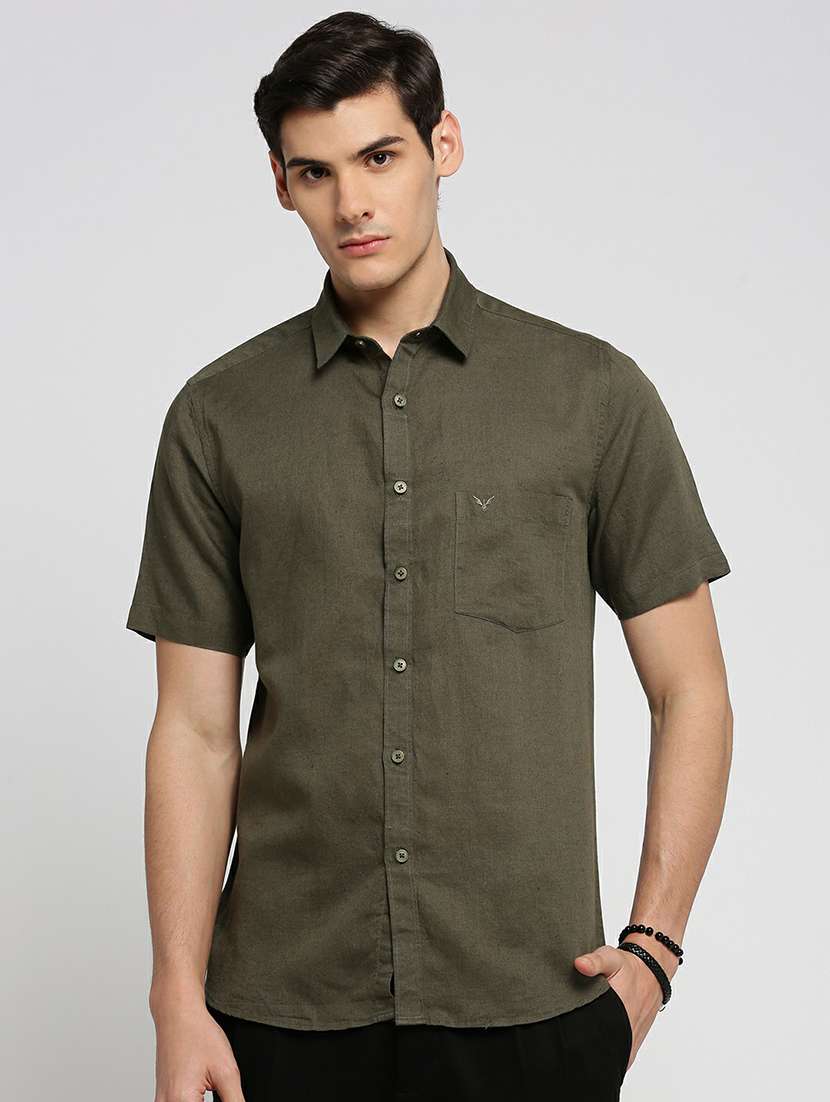 olive cotton blend casual shirt - 20598753 - Zoom Image - 0