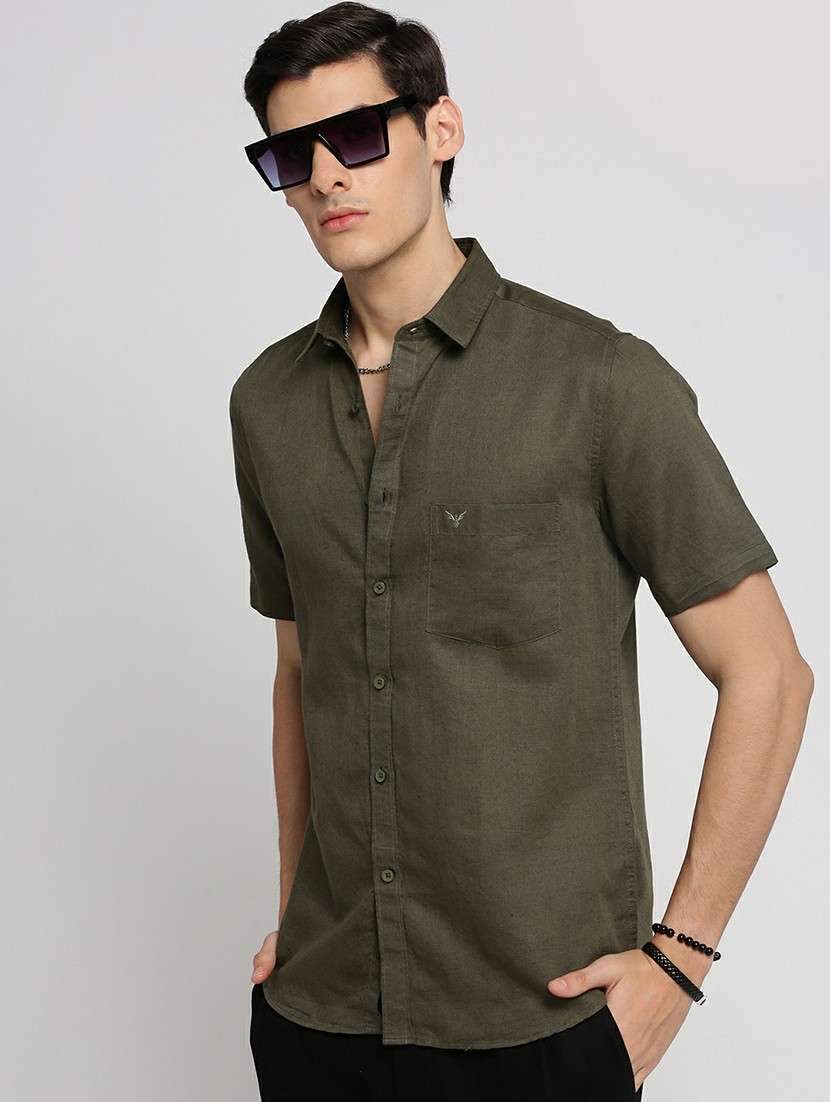 olive cotton blend casual shirt - 20598753 - Standard Image - 3