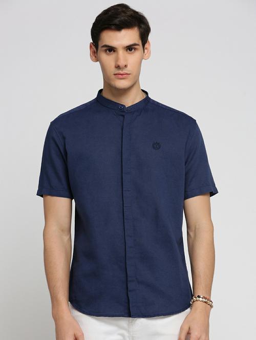 navy blue linen blend casual shirt - 20598786 - Standard Image - 0
