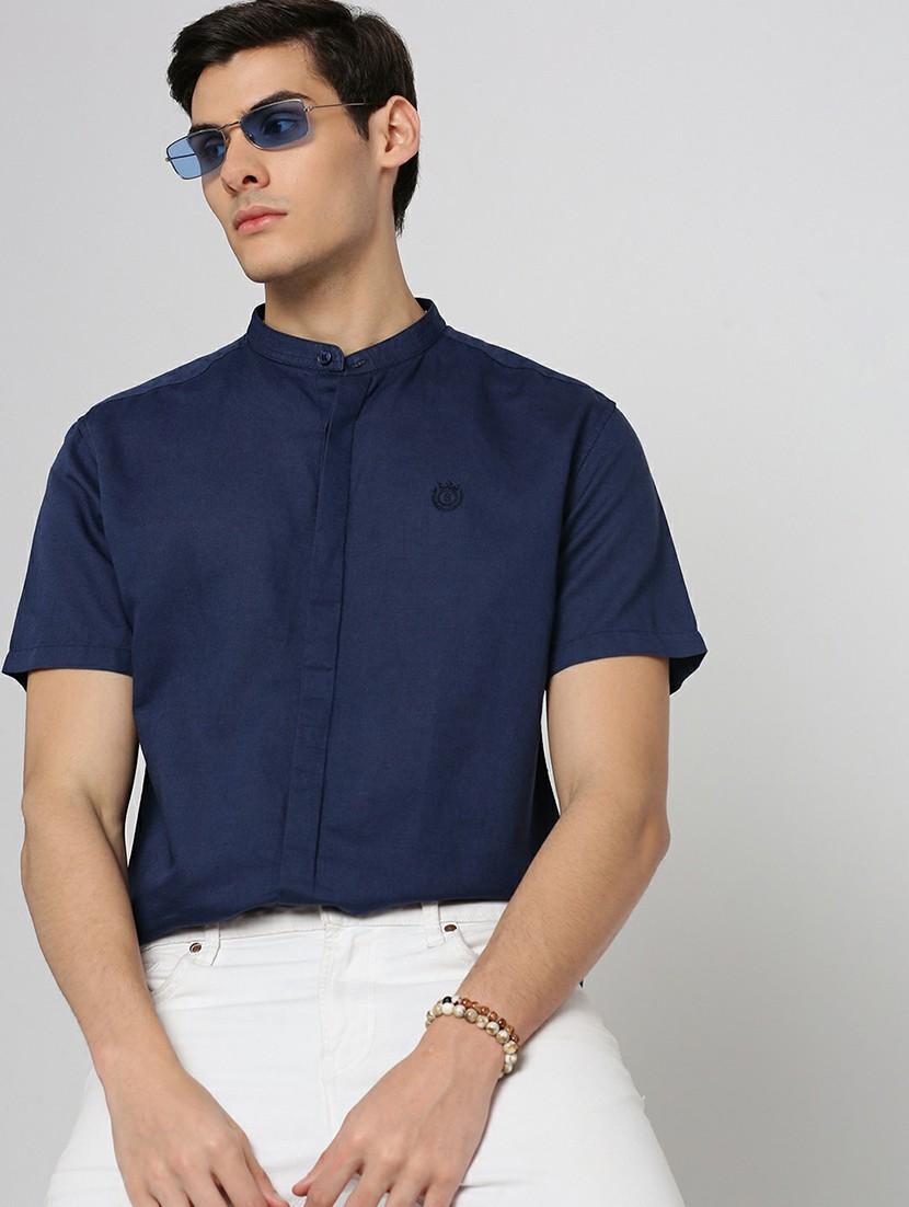 navy blue linen blend casual shirt - 20598786 - Standard Image - 3