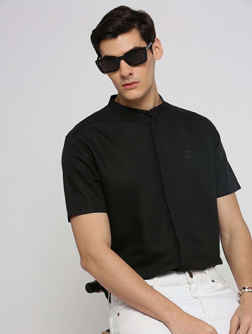 black linen blend casual shirt - 20598791 -  Standard Image - 3