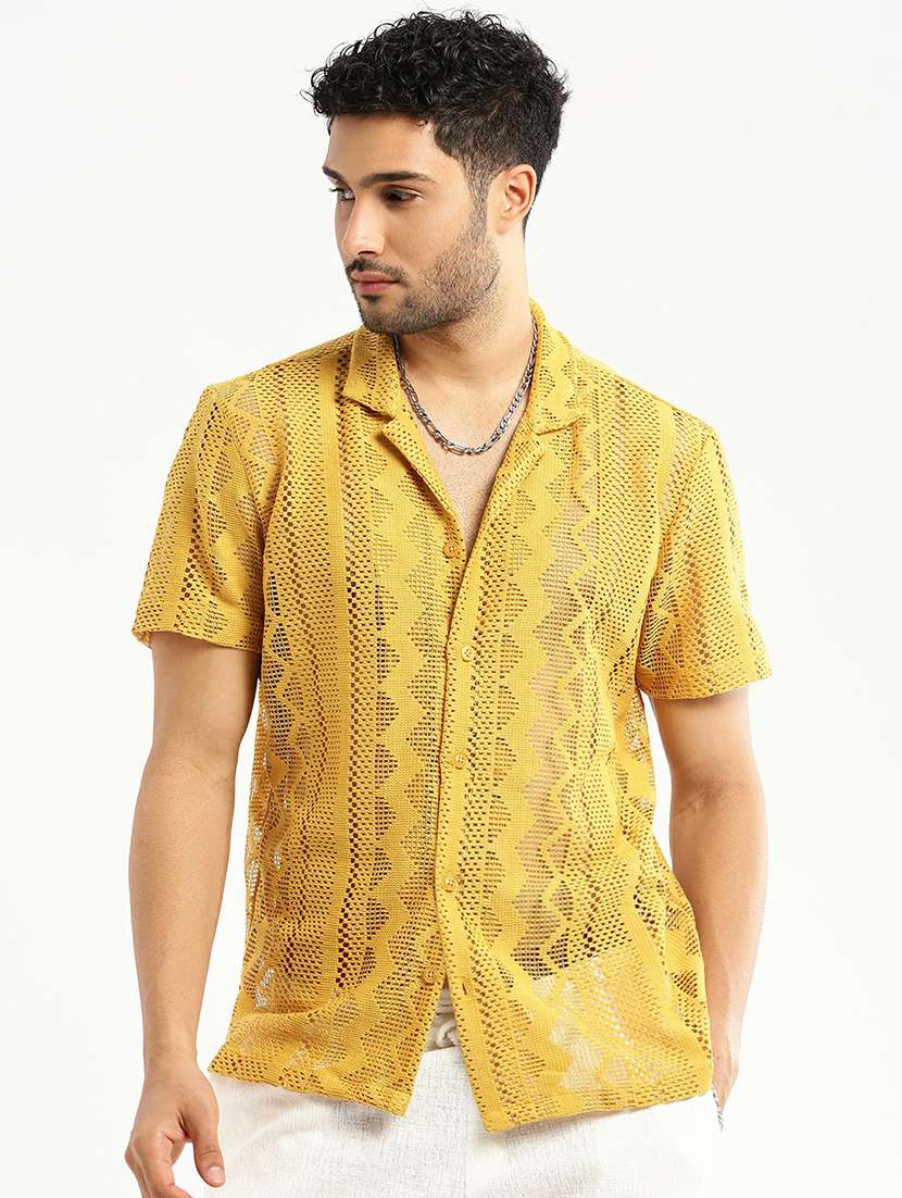 mustard cotton blend casual shirt