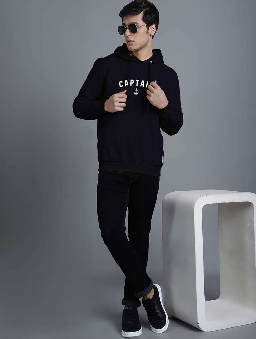 men navy blue chest print hooded sweatshirt - 20598917 - Standard Image - 3