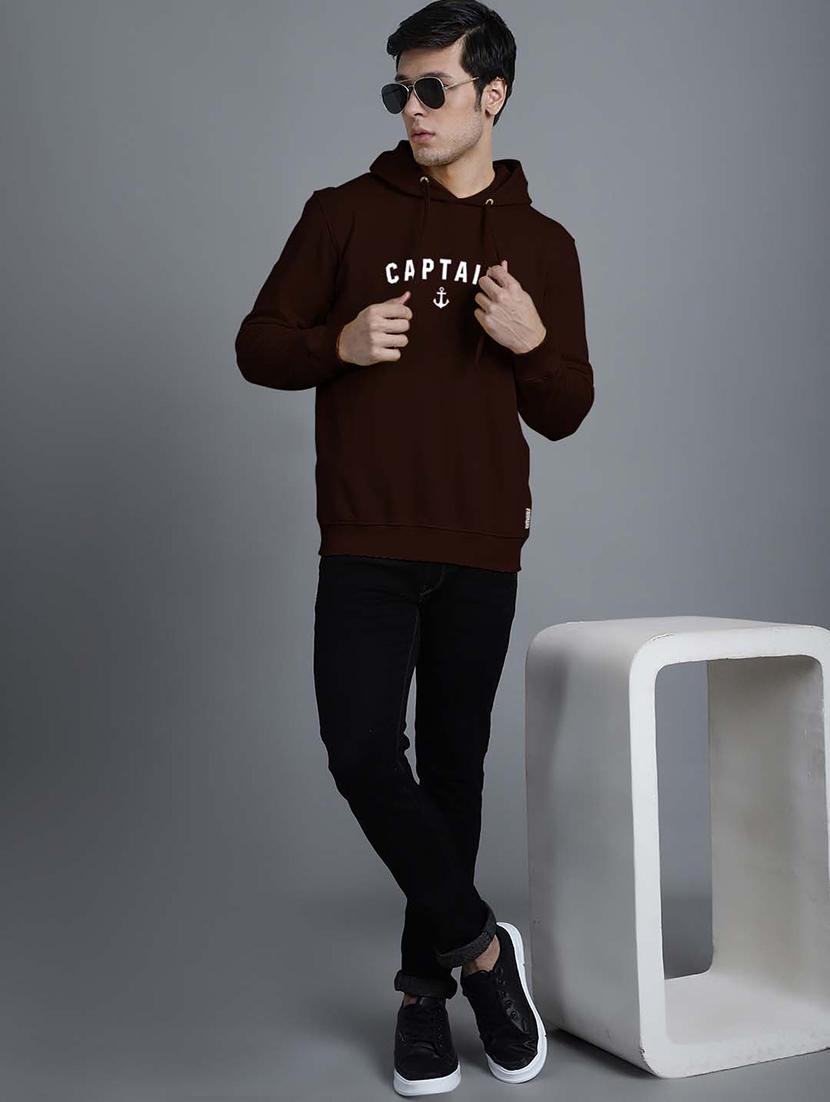 men coffee brown chest print hooded sweatshirt - 20598918 - Standard Image - 3