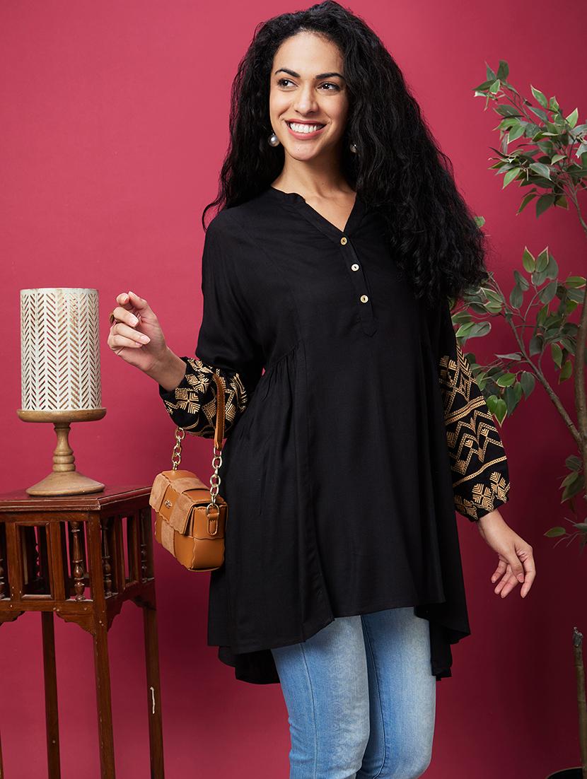 globus women black mandarin collar embroidered bishop sleeves asymmetric hem panelled a-line kurta - 20600233 - Zoom Image - 0