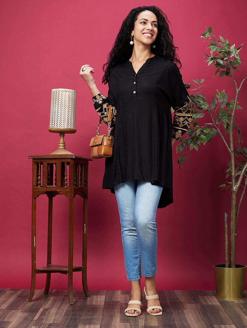 globus women black mandarin collar embroidered bishop sleeves asymmetric hem panelled a-line kurta - 20600233 - Standard Image - 3